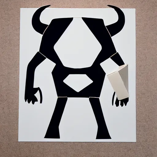 Image similar to a mechanical cow with big head and horns, minimalist style, metal, 3D art, in style of Baymax, smooth