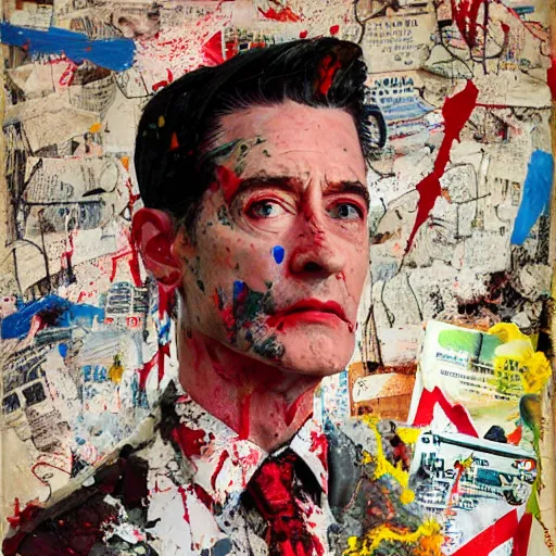 Image similar to hyperrealistic, photorealistic, mixed media oil painting of agent dale cooper, magazine scraps, plaster, blood, oil, mustard, splatter, greg rutkowski, basquiat, ralph steadman, wesley kimler, terry gilliam