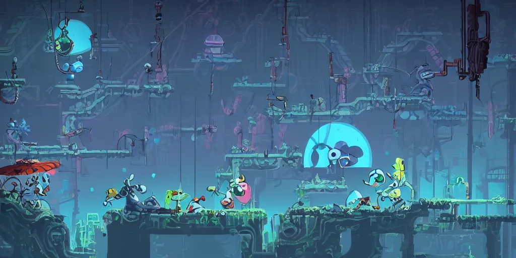 Image similar to Scenario without characters, empty scenario, art by Tomba, ori and the blind, Dead cells ,Hollow knight ,wonder boy , Megaman, Blasphemous , Portraiting a platform game showing an old industry, inside iron and machines, side scrolling, Rule of Thirds, 4K, Retrofuturism, Studio Ghibli, Simon Stålenhag