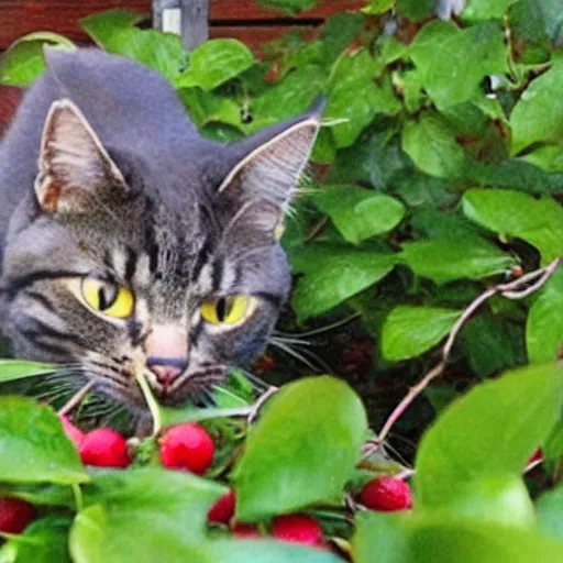 Image similar to cctv footage of a cat eating berries in backyard last night. caught on camera