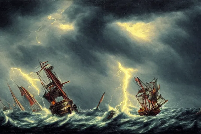 Image similar to giant kraken attacking a pirate sail boat, storm, lightning, rain, fantasy, horror