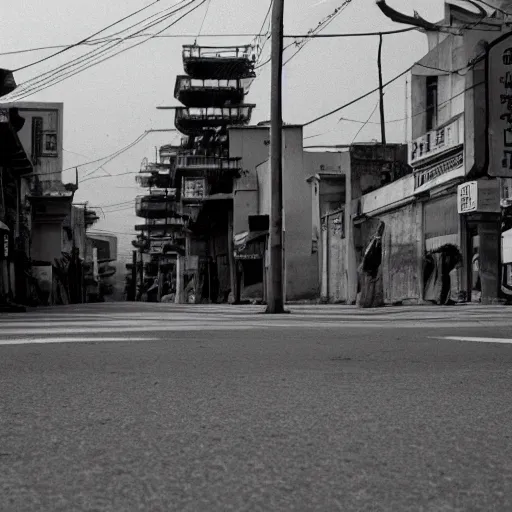 Image similar to 1950s Korean thriller film noir, a view of Shin Sang-ok in the middle of an empty scene, 35mm film, Cooke Varotal 20-100 T3.1