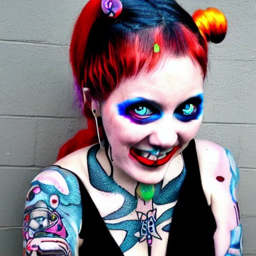 Image similar to cyber gothic version of pippi longstocking, smiling face, tattooed skin, color restoration, safety pins,