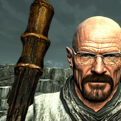 Prompt: screenshot of Walter White as a mage in The Elder Scrolls: Skyrim, pc game, rtx, ray tracing, nvidia geforce experience