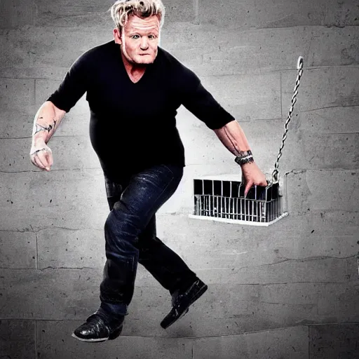 Prompt: fat gordon ramsay escaping from prison, hyper realistic, photo, photo studio, news paper, hyper detailed, smooth