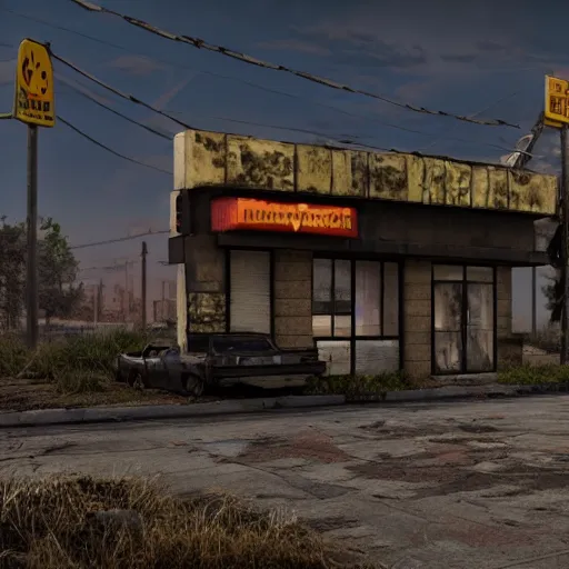 Prompt: post apocalyptic McDonald's, octane render, 4k