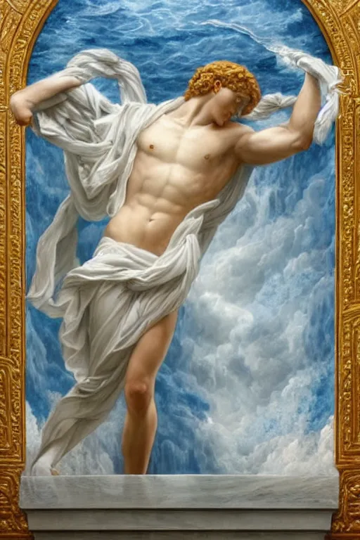 Prompt: beautiful oil painting of Zeus, white toga, lightning, symmetrical face, magical, blue mist, Greek myth, by John William Godward and Anna Dittman, masterpiece