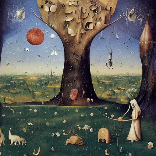 Image similar to hieronymous Bosch surreal landscape, artwork by Daniel Merriam,