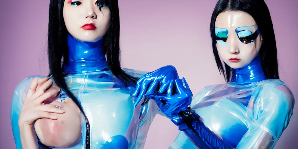 Image similar to a close - up risograph long shot of cyberpunk japanese model girl with black eyes and pretty face wearing latex catsuit and lots of transparent and cellophane accessories, blue hour, twilight, cool, portrait, kodachrome, iso 1 2 0 0, style by moebius