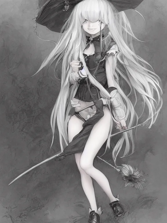 Image similar to Full shot Line art drawing of a cute mischievous young witch about to get up to some trouble. By Range Murata and WLOP and CLAMP and Loish. Concept Art. Fantasy Drawing. award winning, Artstation, intricate details, Hyperdetailed, 8k resolution.