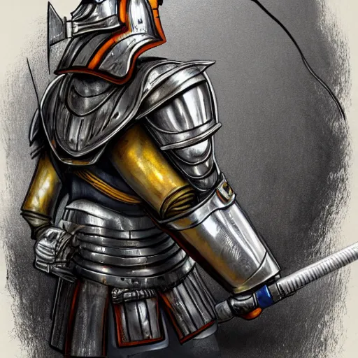 Image similar to An old man wearing knights armour and a fire fighters helmet, full view, highly detailed, digital art, sharp focus, trending on art station, anime art style