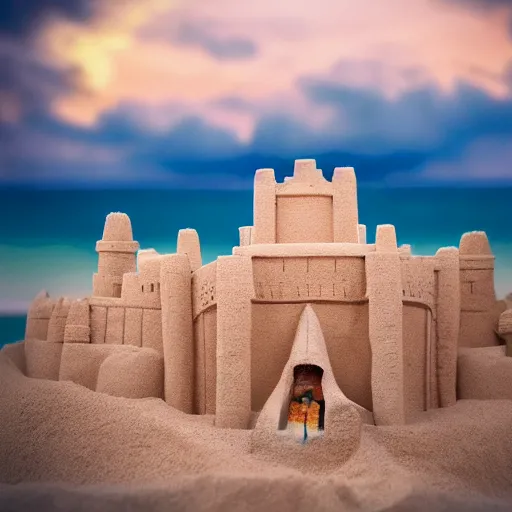 Image similar to cute fumo plush of a girl who built a sand castle in the shape of a mighty imperial city with walls and a moat, intricate detail, beach, lens flare, vray