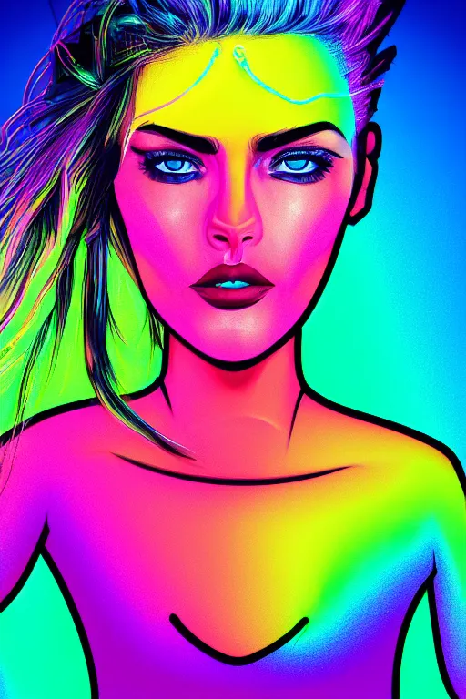 Image similar to a award winning half body portrait of a beautiful woman with stunning eyes in a croptop and cargo pants with smoky hair in rainbow colors, outlined by whirling illuminated neon lines, outrun, vaporware, shaded flat illustration, digital art, trending on artstation, highly detailed, fine detail, intricate