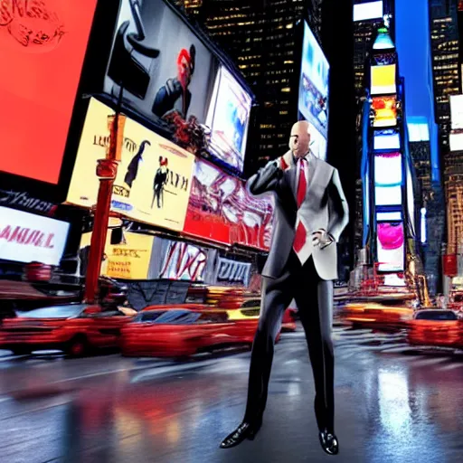 Prompt: a picture of agent 4 7 swinging in nyc times square, photorealistic