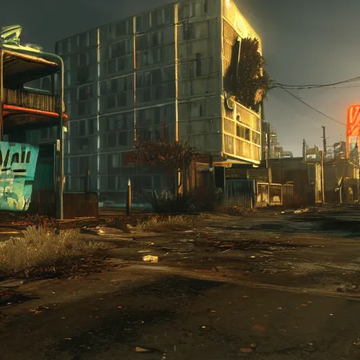 Prompt: Miami in ruins post-nuclear war in Fallout 4, in game screenshot