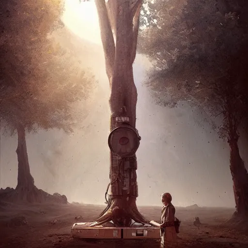 Image similar to a portrait of the last human on earth breathing the last tree thru oxygen tank, Matte painting , detailed painting, made by Greg Rutkowski, 4k resolution, atmospheric, breathtaking