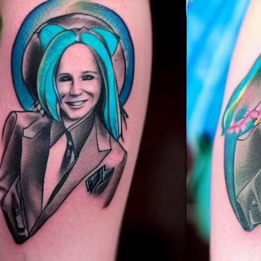 Prompt: tattoo of joe biden marrying hatsune miku