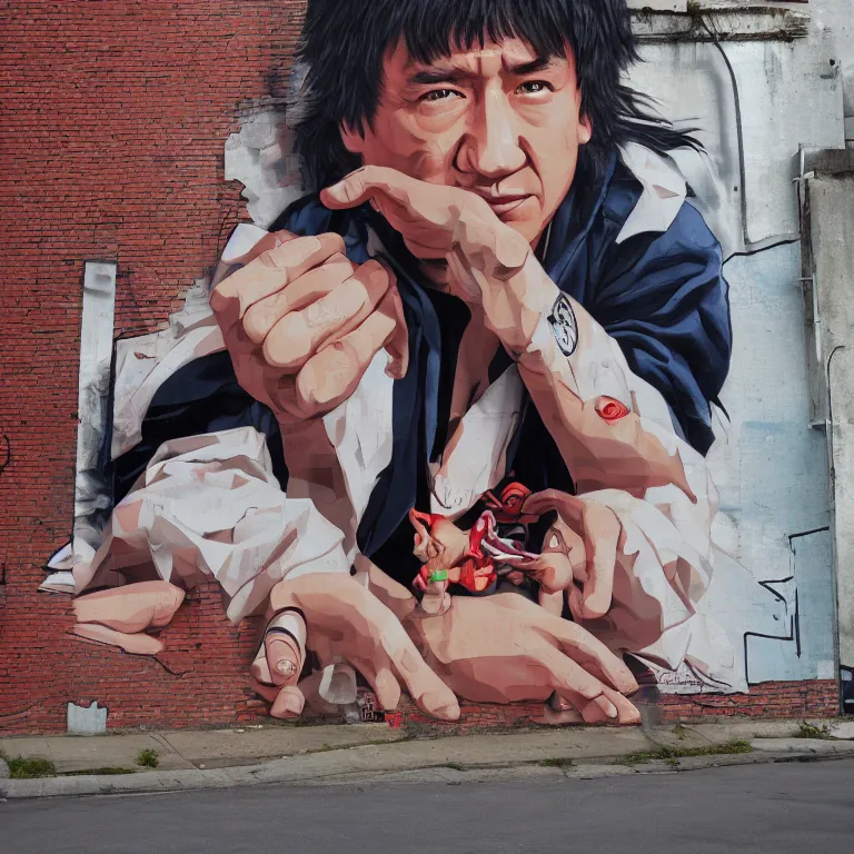 Image similar to Street-art full-body portrait of young Jackie Chan in style of Etam Cru, photorealism