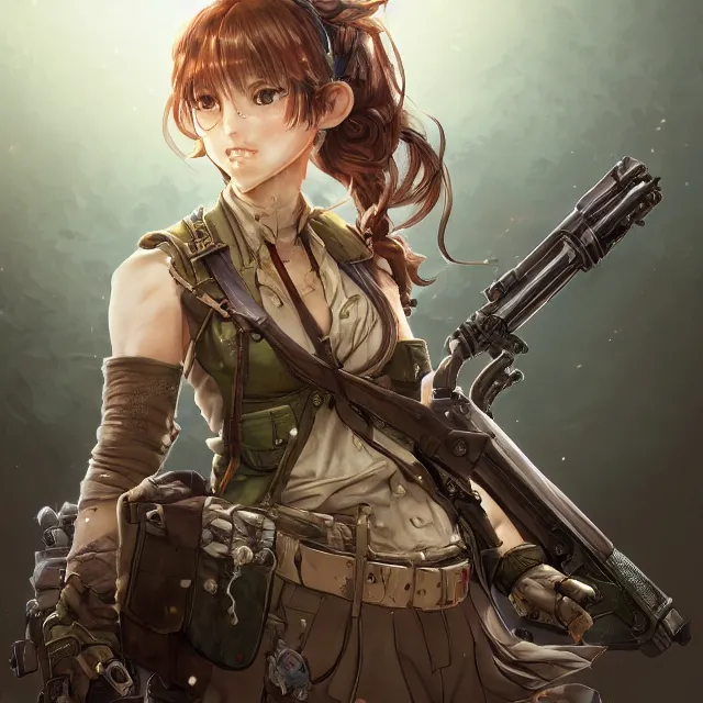 Image similar to the portrait of lawful neutral semi - colorful female infantry gunner as absurdly beautiful, gorgeous, elegant, young anime girl, an ultrafine hyperdetailed illustration by kim jung gi, irakli nadar, intricate linework, bright colors, octopath traveler, final fantasy, unreal engine 5 highly rendered, global illumination, radiant light, detailed and intricate environment