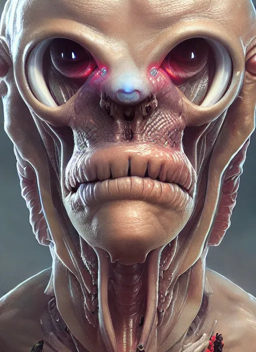 Image similar to portrait of a space alien, varying detailed skin, octane render, piercing glowing eyes, realistic render, detailed, ugly, slimy unreal engine, symmetrical!!, greg rutkowski and ruan jia, cinematic