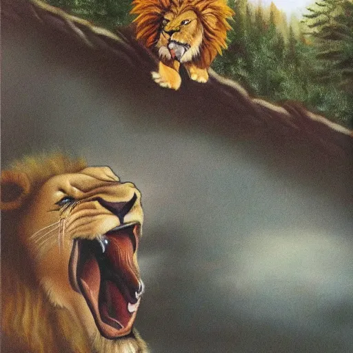 Image similar to lion chasing a screaming bob ross