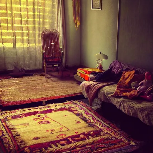 Prompt: “a dim darkened parlor pierced by a morning ray of sun with dust floating gently through the light and a small colorful tattered Persian throw rug scattered with children blocks, an old small tricycle in the corner of the room. Very low energy. Bokeh. 4K. Artstation. Award winning composition”