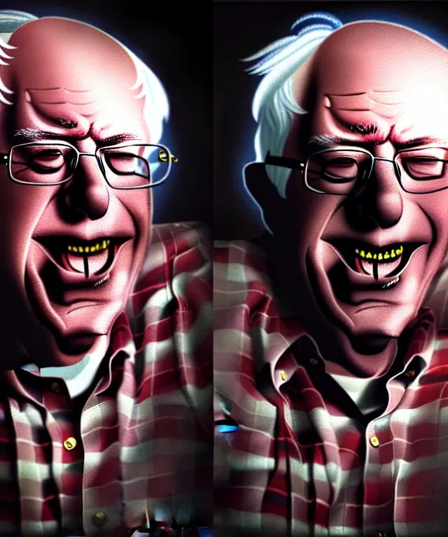 Image similar to hyperrealistic mixed media painting of Bernie Sanders as a laughing drunk, tattered plaid shirt, dimly lit dive bar, stunning 3d render inspired art by P. Craig Russell and Barry Windsor-Smith + perfect facial symmetry + dim volumetric lighting, 8k octane beautifully detailed render, post-processing, extremely hyperdetailed, intricate, epic composition, grim yet sparkling atmosphere, cinematic lighting + masterpiece, trending on artstation, very very detailed, masterpiece, stunning