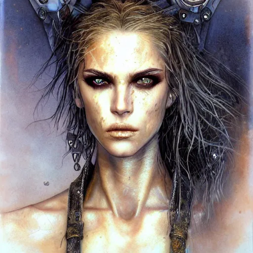 Image similar to an award finning closeup facial portrait by luis royo and john howe of a very beautiful and attractive female bohemian cyberpunk traveller aged 1 9 with green eyes and freckles in clothed in excessively fashionable cyberpunk gear and wearing ornate warpaint