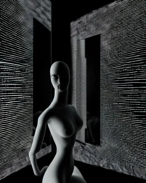 Image similar to black and white high quality photo of a female AI-queen-dragon-meshes-mannequin looking into a sci-fi mirror, volumetric lighting, brutalism, foggy, dreamy, hyperdetailed, bokeh, photorealistic, cinematic, masterpiece, elegant, dark, by Man Ray in the style of Horst P. Horst, octane render, 8K,