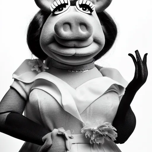 Prompt: professional black and white portrait photography of miss piggy, stunning, 4 k