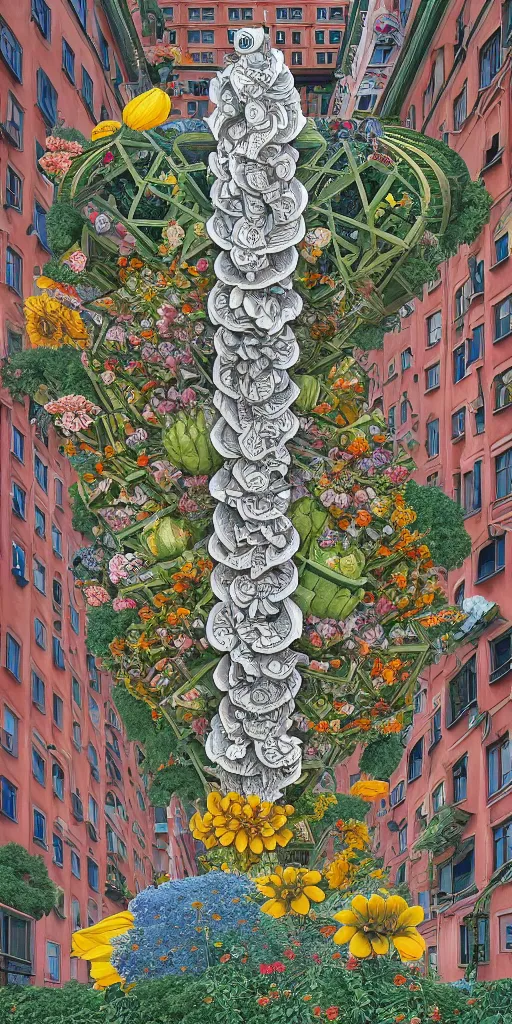 Image similar to colossal MC Escher flower in the middle of post soviet constructivist cityscape, Stalinist architecture, ultradetailed, Intricate by Hayao Miyazaki and Josan Gonzalez and Giuseppe Arcimboldo and Wes Anderson and H.R. Giger