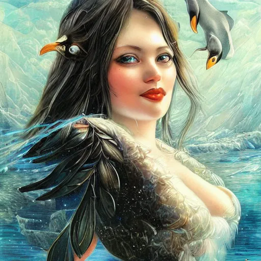 Prompt: a beautiful penguin manipulating water by karol bak, ayami kojima, artgerm, river, water, blue eyes, smile, concept art, fantasy