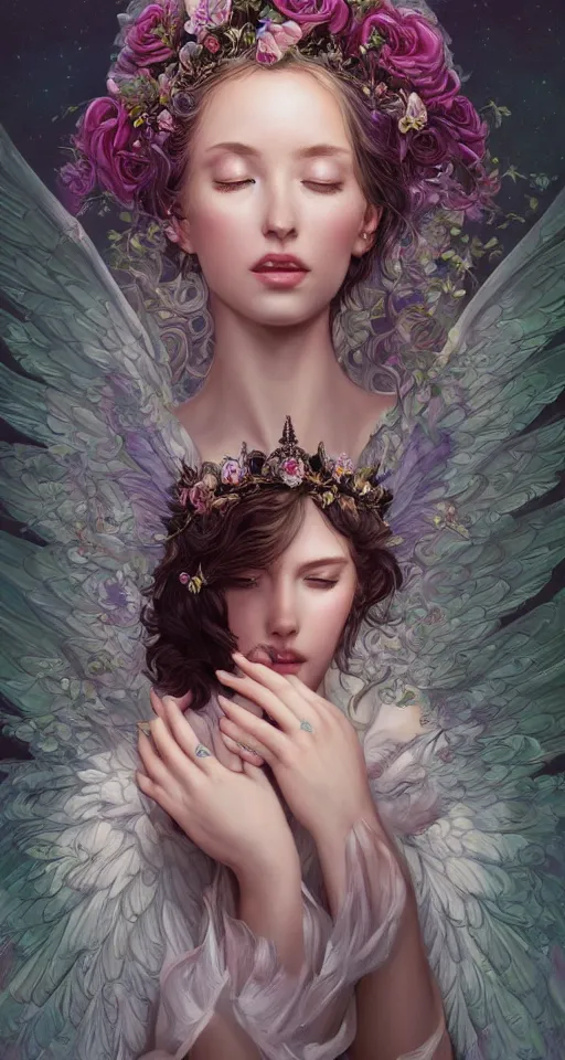 Prompt: beautiful young girl vaporwave aesthetic, synthwave, intricate, elegant, highly detailed, digital painting, wearing long gown, angelic wings, halo, crown, roses, ravens, flowers over her eyes, artstation, concept art, smooth, sharp focus, illustration, art by artgerm and greg rutkowski and alphonse mucha