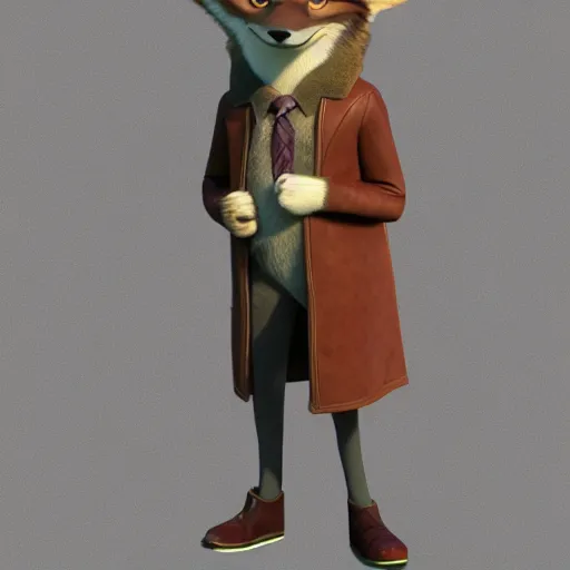 Prompt: portrait, 3 d render, anthropomorphic coyote male, wearing along brown leather maxi coat, in the style of zootopia