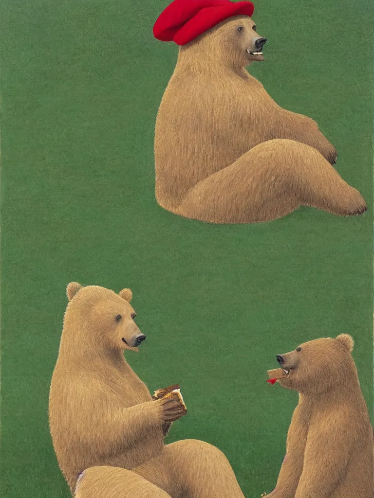 Image similar to A grizzly bear wearing a bright red hat sitting upright while eating a slice of cake outside in a lush green field, pastel colors, long shadows. Painting by Alex Colville, Piero della Francesca