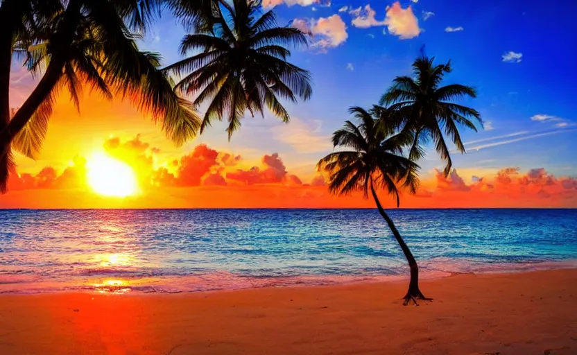 Image similar to a tropical beach with a beautiful sunset