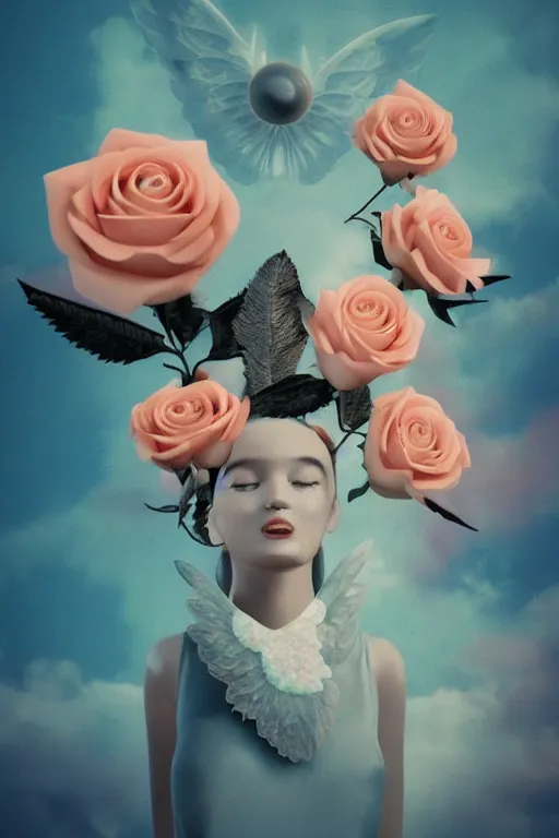 Image similar to milky crystal quartz eyeballs with wings. peach roses, background heavenly sky by basquiat, Trending on artstation. halo. octane render, cinematic, hyper realism, octane render, 8k, depth of field, 3D