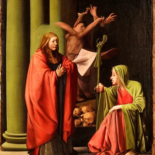 Image similar to goblin and woman in hooded cloak on stage, renaissance painting