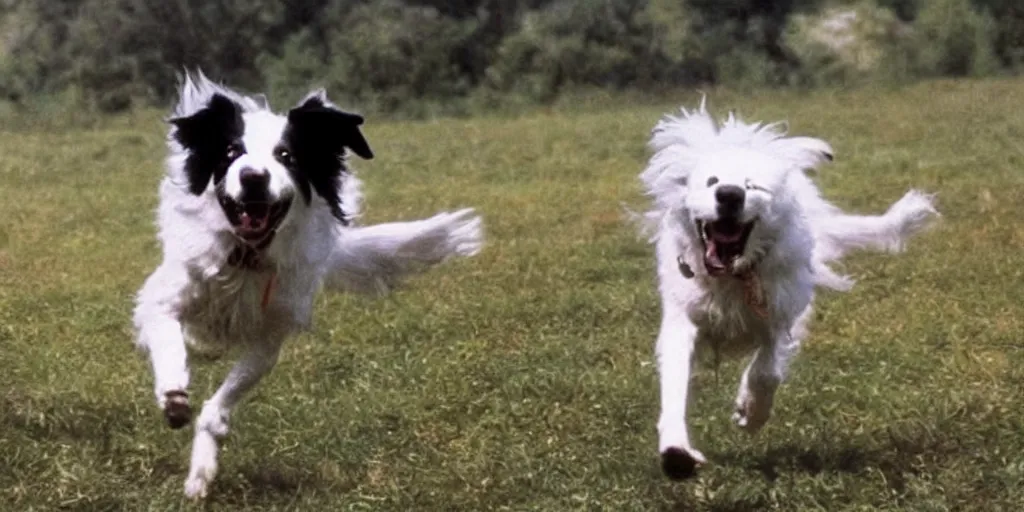 Prompt: border collie in robocop armor chasing flying saucers. Anime. Ultra-realistic.