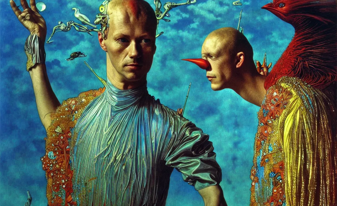 Image similar to realistic detailed portrait movie shot of a birdman wearing reflective transparent robes, sci fi city landscape background by denis villeneuve, amano, yves tanguy, alphonse mucha, ernst haeckel, max ernst, roger dean, masterpiece, rich moody colours, blue eyes