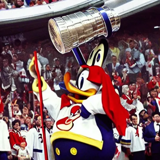 Prompt: Donald duck lifts the Stanley cup trophy as a Philadelphia flyer, 2002, NHL.com