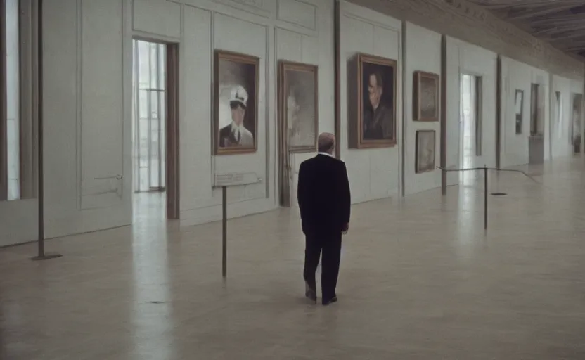 Image similar to 50s movie still close-up portrait of an elder soviet general walking in an empty museum, by David Bailey, Cinestill 800t 50mm eastmancolor, heavy grainy picture, very detailed, low quality video, 4k, HD criterion, precise texture and facial expression