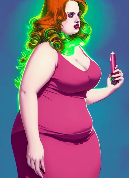 Image similar to full body portrait of teenage cheryl blossom, obese, bangs, green eyes, sultry expression, red hair, sultry smirk, bangs and wavy hair, pink skirt, obese, intricate, elegant, glowing lights, highly detailed, digital painting, artstation, concept art, smooth, sharp focus, illustration, art by wlop, mars ravelo and greg rutkowski