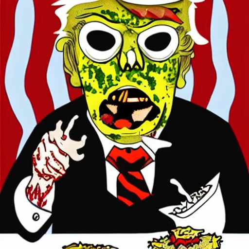 Image similar to zombie Donald Trump eating a rotten Burger