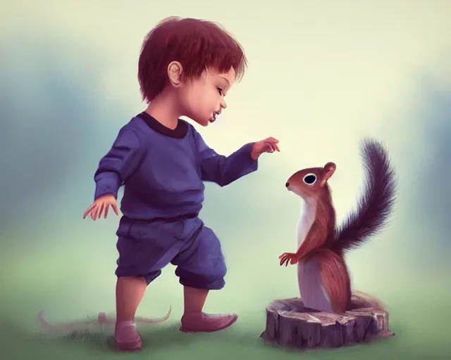 Image similar to a little boy play with a squirrel by samuel smith trending on artstation