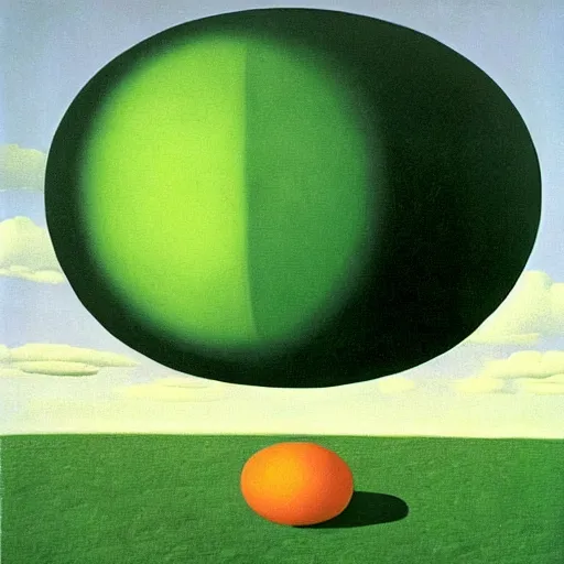 Prompt: green plains with an orange Oblivion portal, surrealist painting by Rene Magritte
