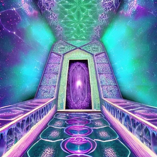 Prompt: secret portal to a higher dimension, psychedelic, ethereal, ultra-realistic, malve, teal, lavender, purple and blue, ultra detailed + cinematic + 16k