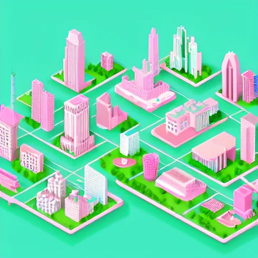 Prompt: isometric illustration of a cute dense urban city, lots of tall buildings and trees, pastel light green and pastel light pink colors, fun, soft, highly detailed, 3d render, very playful, sharp lines, toon shader, soft shadows, trending on artstation