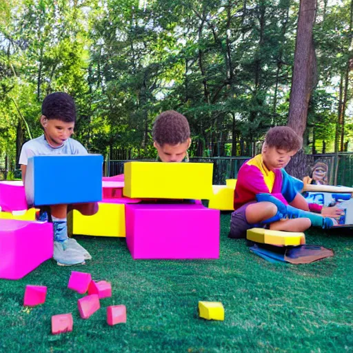 Prompt: photo of kids working on computers outside in the sun, large colorful blocks floating in the air, bright colors