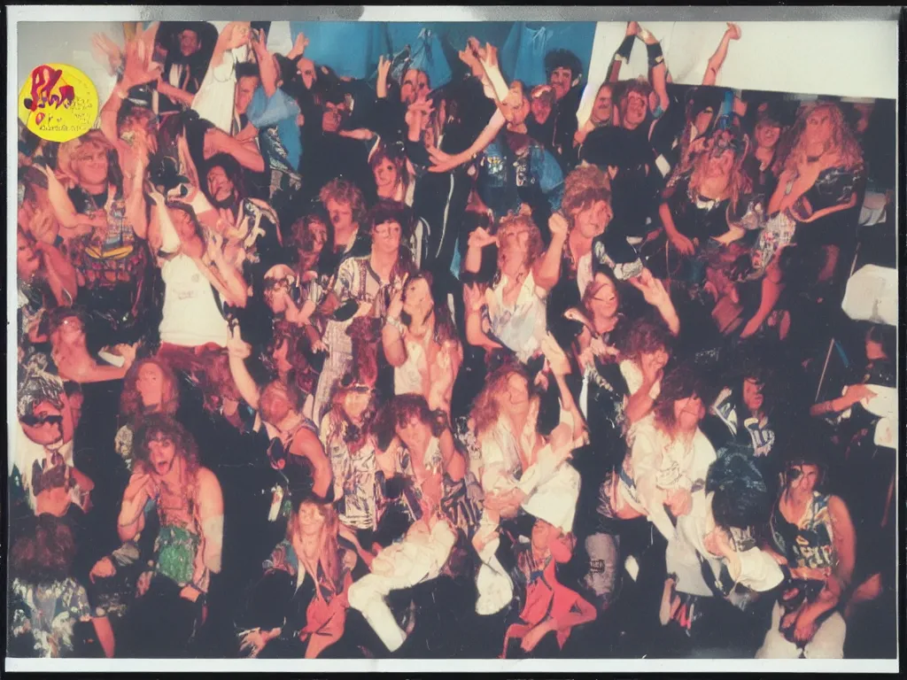 Prompt: 80s polaroid colour flash photograph of 80s rock stage show